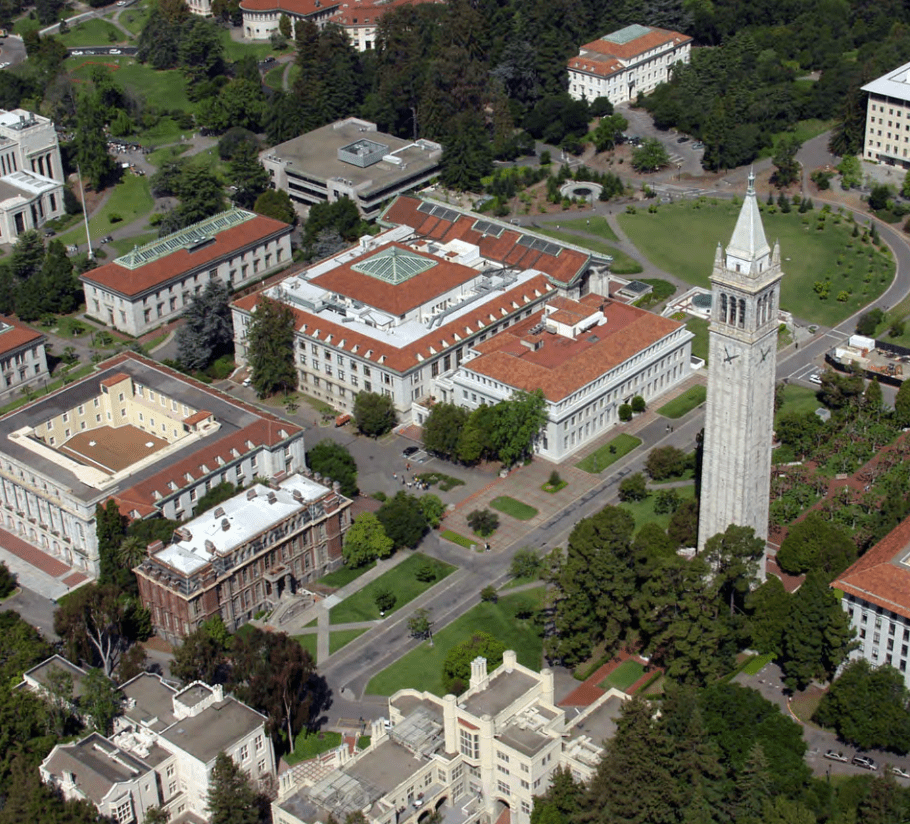 aerial view of Sather Tower and Campanile Esplanade at UC Berkeley