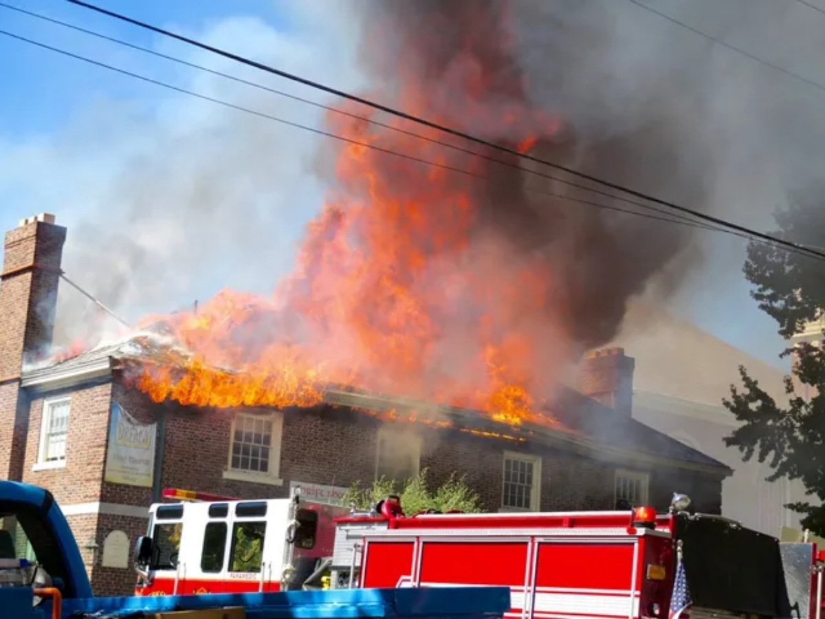 Fire burns from roof of First Congregational Church