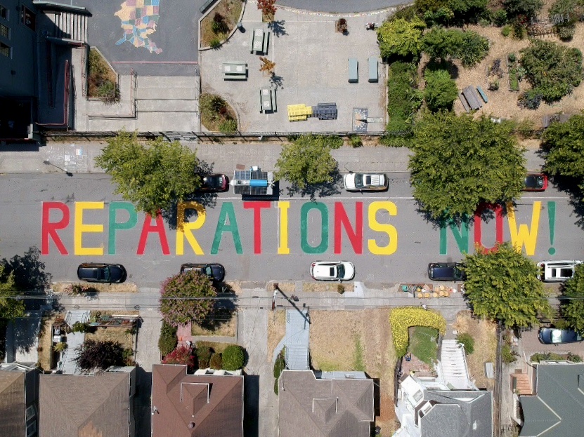 Reparations Now! mural painted on Ellis Street in South Berkeley