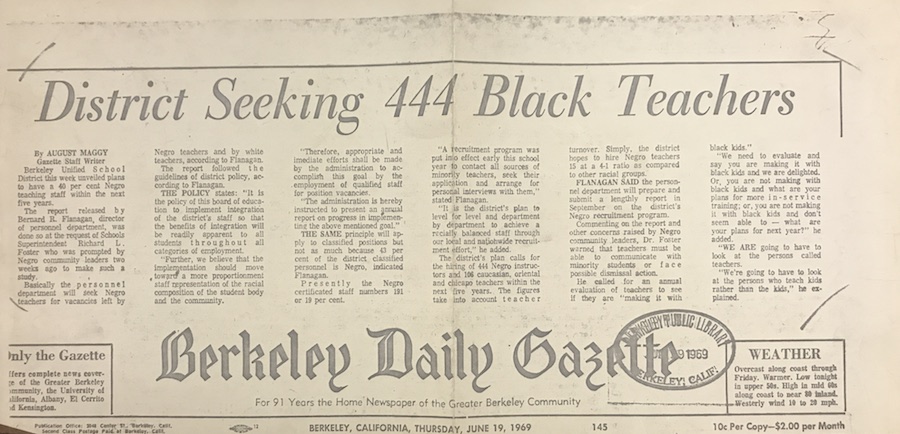 The year after Berkeley schools were integrated, the district sought to make 40% of its teaching staff black, according to the Berkeley Daily Gazette. Photo: Clipping from Berkeley Public Library archives