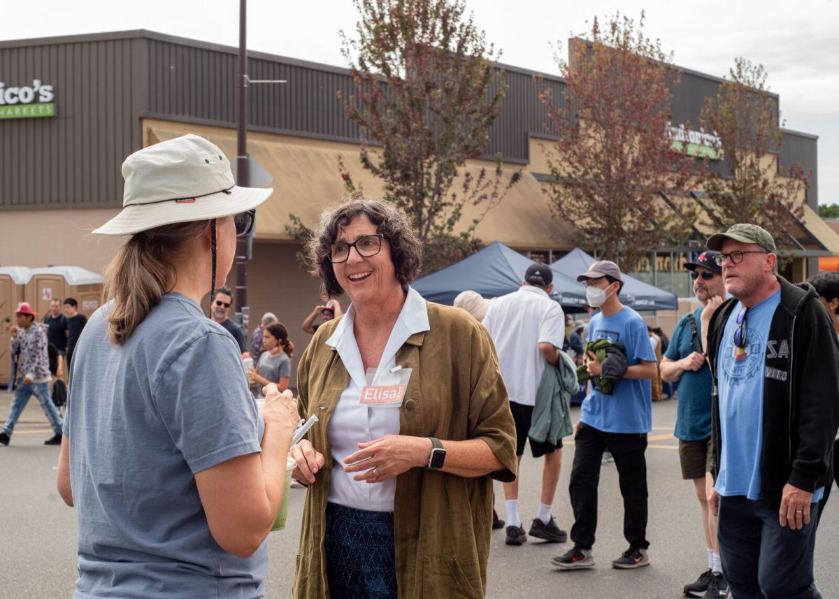 City Council candidate Elisa Mikiten talks with a person at the Solano Stroll