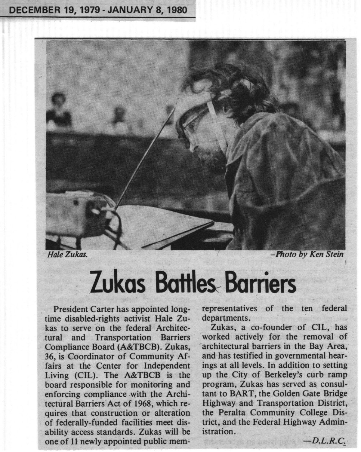 Archival newspaper clipping with headline "Zukas battles barriers"