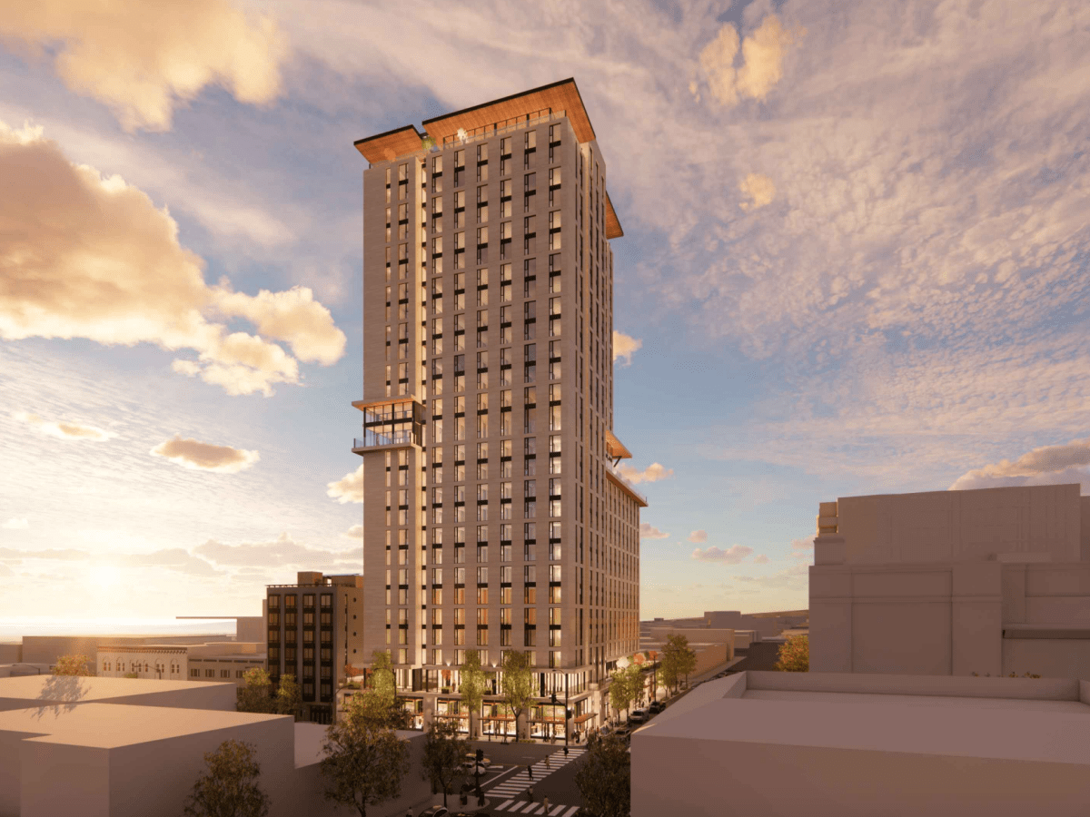 An architect's rendering shows a planned apartment building with a 28-story tower and 14-story segment topped by a roof deck.